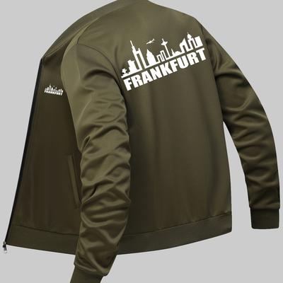 TEMU Men's Casual Print Jacket - Olive Green, Zip-up With Stand Collar And Pockets, Polyester , Outerwear Image