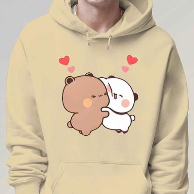 TEMU Men's Cute Cartoon Bear Couple Graphic Hooded Sweatshirt - Vibrant Yellow 100% Polyester, Regular Fit Long Sleeve Pullover For Autumn Casual Wear, Plus Size Image