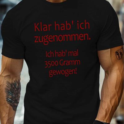 "TEMU Men' Graphic T-shirt - Casual Crew Neck Short Sleeve Tee With Humorous German Quote "3500 Grams!", Lightweight Polyester, Summer Essential For Casual Attire, Plus Size" Image