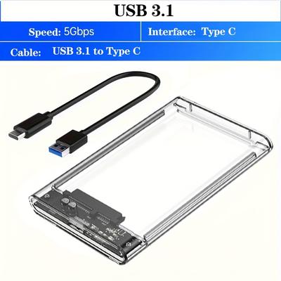 TEMU Usb 3.1 To Type C External Hard Drive Enclosure, 2.5-inch Transparent , Solid State Mechanical Laptop Disk, Installation, Plug And Play, Multi-system Compatibility Image