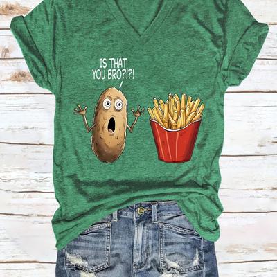 TEMU Funny 'is That You Bro?' Women's V-neck T-shirt - Casual Letter Print Tee With Cartoon Potato & Design, Soft & Comfortable, Casual Attire, Everyday Tshirt | Design | Soft Fabric, Funny T Shirts Image