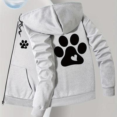 TEMU Men's Fashion Hooded Jacket With Paw Print, Casual Polyester Knit Fabric, Stretch, Skinny Fit, Zipper Closure, Pockets, Fall/winter Outerwear Image