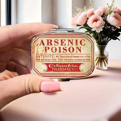 TEMU Vintage Arsenic Poison Pill Box - 2-compartment Metal Medicine Organizer With Antidote Label, Portable For Travel, Pockets, And Purses, Unique Gift Idea, Pill Box For Purse Image