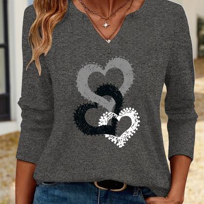 TEMU Women's Casual V-neck Three-quarter Sleeve T-shirt With Black Heart Graphic Print - Soft Beige Stretchy Fabric, Machine Washable, Fit, Ladies T Shirts, Versatile Clothing, Texture Image