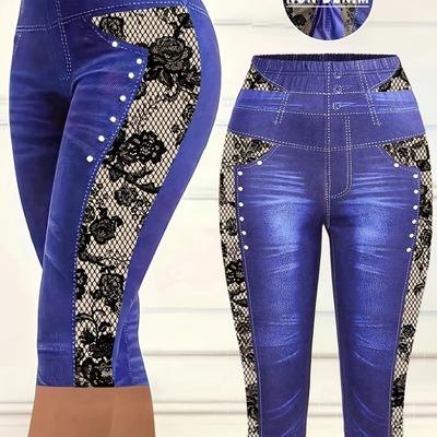 TEMU Women's High-waisted Denim & Snake Light Beige Print Leggings - Stretchy Non-see-through Yoga Pants With Floral Pattern, Machine Washable Spring/summer Tight Shorts For Casual & Workout Wear Image