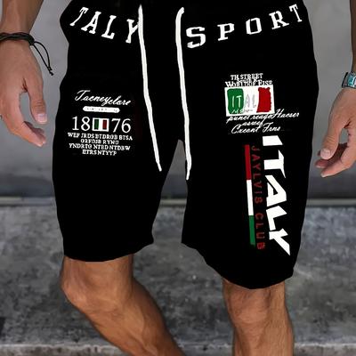 TEMU Men's Trendy Casual Shorts - Italian Sport Print, Green With & Italian , Elastic Waistband, Machine Washable, Fit For Casual Attire, Nontransparent Fabric Image