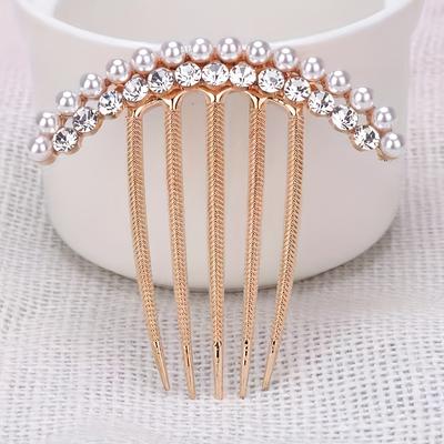 TEMU 1pc Elegant & Rhinestone Hair Comb - Golden Alloy Side Pin For Long Curly Hair, Unscented Women’s Hair Accessory, Updos And Special Occasions Image