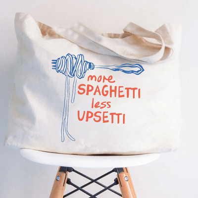 TEMU Canvas Women's Fashion Casual Beach Tote Bag, Single Shoulder Bag, Machine Washable, No Closure, Neutral, With More Spaghetti Less Upsetti Print Image