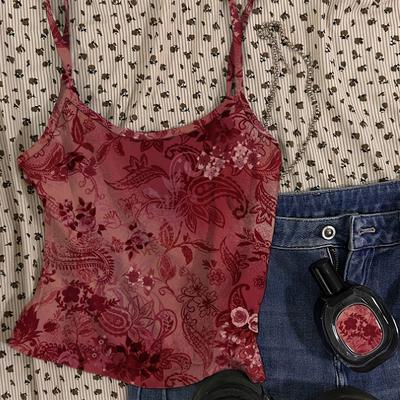 TEMU 1pc Y2k Retro Angola Red Floral Print Spaghetti Strap Cami Top For Women - Sexy Slim Fit, Machine Washable, Summer Fashion Essential Image