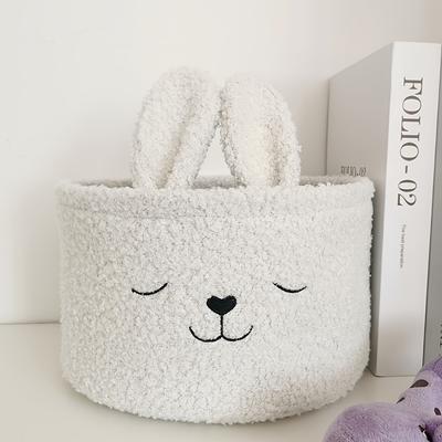 TEMU Plush Storage Basket With Embroidered Design – Soft Beige Fabric Organizer For Snacks, Toys, – Bedroom, Desk, Or Car Image