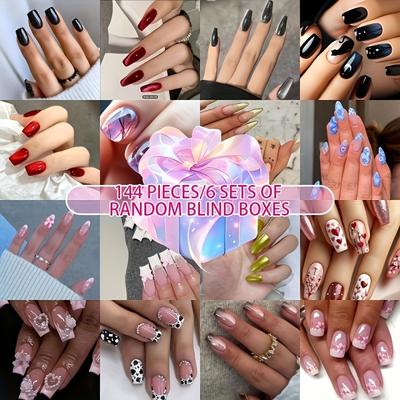 TEMU 144pcs/6 Sets Of Random Blind Boxes Of Nail Art, Reusable False Nails, Suitable For Festivals And Parties, Including Jelly Glue And Nail File Image
