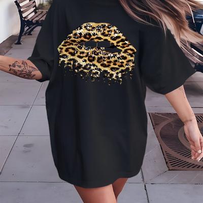 TEMU Women's Casual Short Sleeve Crew Neck T-shirt - Leopard Print Lips & Golden Glitter Graphic, Drop Shoulder Relaxed Fit, Machine Washable Top, Ladies T Shirts Image
