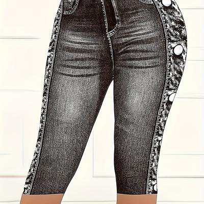 TEMU Women's Stretchy Printed Capris - Black Denim Look, High-waisted, 3/4 Length, Casual Wear, Weekend Yoga Outfits, High Waisted Leggings Image