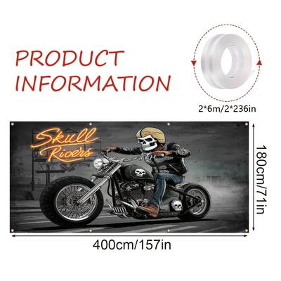 TEMU A Halloween Garage Banner Featuring A Creative Backdrop Of A Riding Motorcycle, -colored Polyester, Garage Holiday Wall Decoration And Photography Props, Measuring 157*71 Inches. Image