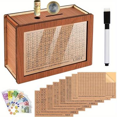 TEMU Wooden Piggy Bank With Counter, 1 Savings Box With , Light Brown Wooden Savings Box With Labeled Stickers, Reusable Money Box Image