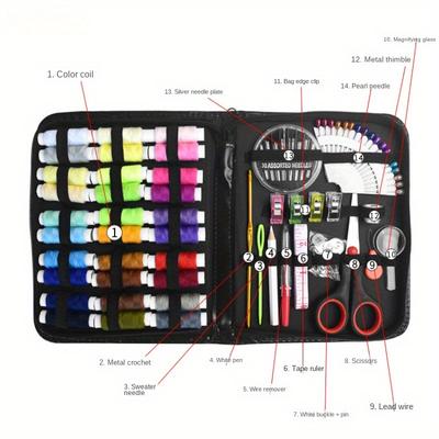 TEMU 100pcs Luxury Sewing Kit, Portable, Full Set, Including Scissors, Needle, Pin, With 30 Vibrant Colors, Black Color, Random Printing, For And Travel Projects Image