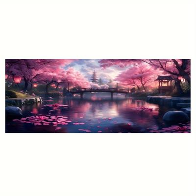TEMU Extra Large 5d Diy Diamond Painting Kit - Cherry Blossoms And Traditional Japanese Architecture, Acrylic Diamonds, No Frame Wall Art Decoration, 31.5x79.7 Inches, Image