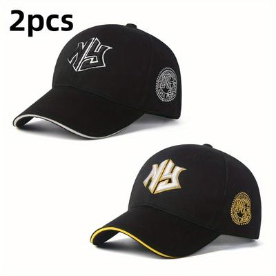 TEMU 2pcs Baseball Caps - Adjustable Snapback Hip Hop Hats, Lightweight Sunshade, Black With Golden & For Men And Women, Casual Headwear | Stylish Sun Protection | Lightweight Image