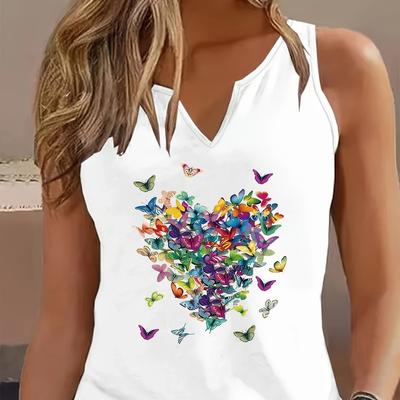 TEMU Women's Sleeveless V-neck Tank Top With Vibrant Heart Print - Casual Summer & Spring Top, Soft Polyester Blend, Machine Washable, Comfortable Clothing | Sleeveless Fashion | Machine Washable Top Image