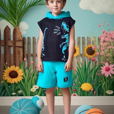 TEMU 2pcs Set Of Boys' Dinosaur Hat Shirt T-shirt And Shorts Suit - Comfortable Polyester Blend, Machine Washable - Must-have For Summer, For Outdoor Activities Image