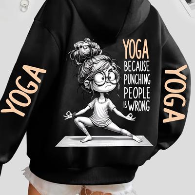 "TEMU Women's Yoga Graphic Print Hoodie - Cozy Fall & Winter Pullover With Kangaroo Pocket, Black Casual Sweatshirt Featuring "yoga Yoga Is " Design, Long Sleeve, Polyester Blend, Machine Washable" Image