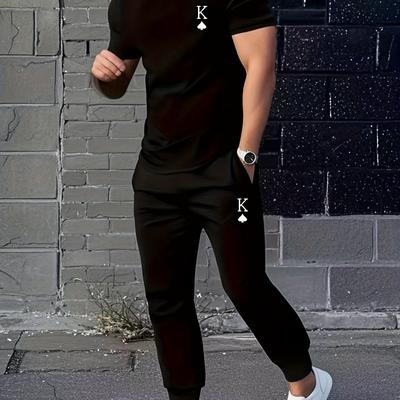 "TEMU Men's Casual Athletic Set With Stylish "k" Logo - Polyester, Crew Neck, Short Sleeve Pajamas & Joggers, Stretch, Summer Loungewear, Relaxed Fit Pajamas|trendy Pajama Set|polyester Pajamas" Image