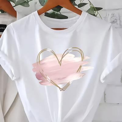 TEMU -size Pink Heart Print T-shirt, Casual Round Neck Short Sleeve Top. Image