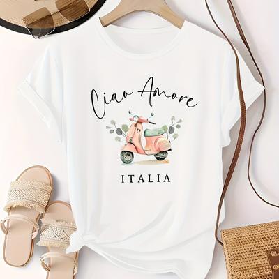 TEMU Italy Vintage Scooter Women's Printed Round Neck Short Sleeve T-shirt Image