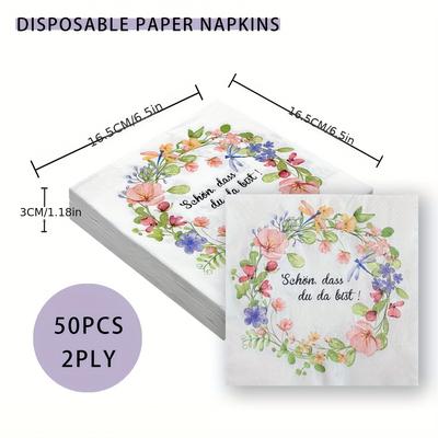 TEMU 50pcs Floral Wreath Paper Napkins, 13x13 Inch, 2-ply, Disposable, Printing, Ideal For Weddings, Birthdays, And , Party Table Supplies Image