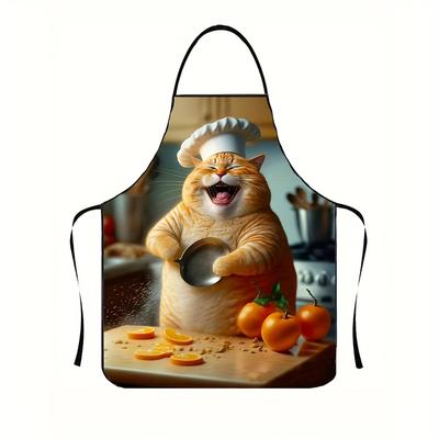 TEMU 1pc Fun Chubby Cat Chef Apron For - Polyester Kitchen Apron With Whimsical Fat , Black Straps & Pockets, Cooking & Baking, Baking Accessory | Humorous Cooking Attire | Polyester Apron Image
