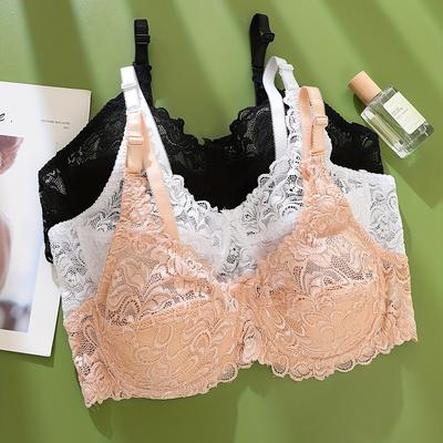 TEMU 3pcs Elegant Lace Bras For Women, , Breathable & Comfortable With Floral Patterns And Bow Details, Non-removable Pads, Nylon/spandex Blend, Black & Beige, Hand Wash Only Image