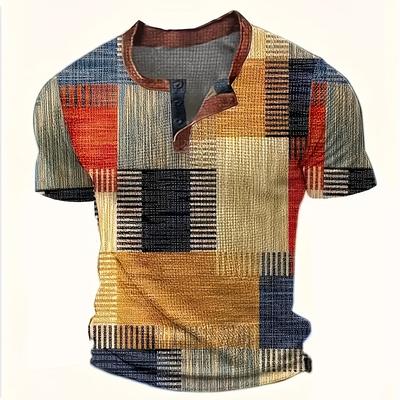 TEMU Men's Color Block Waffle Knit T-shirt - 3d , Casual Short Sleeve Henley Shirt With Button Detail, Breathable Summer Top For Adults, Casual Summer Wear | Button Detail Shirt | Waffle Knit Textur Image