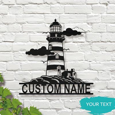 TEMU Customizable Vintage Metal Lighthouse Wall Sign - Personalized Name Plaque, Indoor/outdoor Decor, Easy To Hang, Nautical Theme, Lighthouse Decor Image