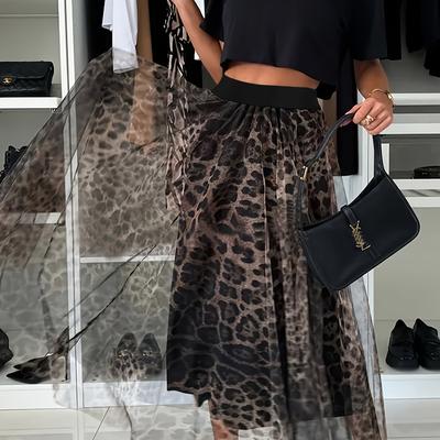 TEMU Women' Leopard Print A-line Maxi Skirt With Elastic Waist - Lightweight Polyester, Flowing Design For Spring/summer Fashion, Commuting Or Casual Outfits Image