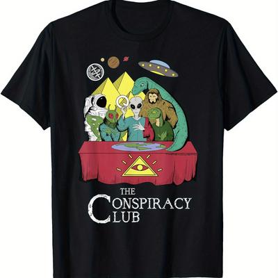 TEMU Men's Conspiracy Club Graphic T-shirt - Fun Cartoon Design, Black Cotton Short Sleeve Tee, Unisex Casual Summer Style, Comfortable & Breathable Fabric, All Image
