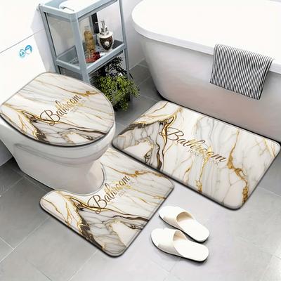 TEMU 3pcs/4pcs Marble Pattern Bathroom Mat Set Toilet Seat Cover U-shaped Ma Image
