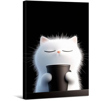 TEMU Large Wooden Framed Canvas Wall Art - Adorable White Cat Holding Black Coffee Cup, Minimalist Home Decor For Bedroom, Living Room, Office, Or Kitchen - Gift Image