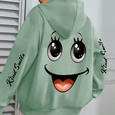 "TEMU Women' Hoodie With Cartoon - "kind Smile" Text, Casual Pullover For Fall & Winter, Casual Wear Hoodie | Graphic Hoodie | Hoodie" Image