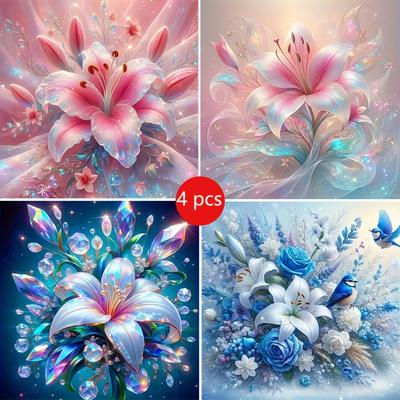 TEMU 4pcs Floral 5d Diy Diamond Painting Kits - Vibrant Round Acrylic Canvas With Glittering Flowers & Butterflies, Home & Bedroom Wall Decor, Ideal Gift For Flower Lovers, Flower Decor Image