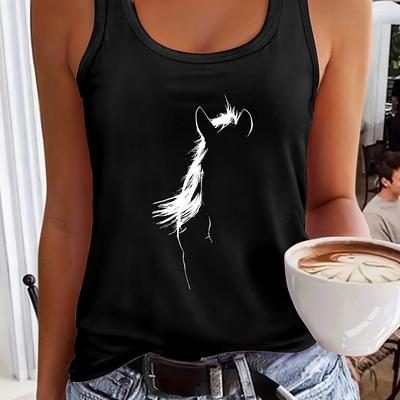 TEMU Women's Casual Sleeveless Tank Top With Cartoon Horse Print - Pink, , Casual Wear, Casual Wear| Print Top|lightweight Top Image