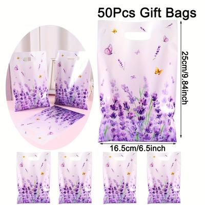 TEMU 10/20/50pcs Lavender Purple Plastic Gift Bags, Floral , & Lightweight, Lavender Scented, With Elegant Reusable Tote Bags For Wedding Favors, Birthday Party, Holiday Presents, Party Accessories Image