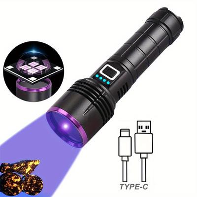 TEMU Uv Torch 20w, 365nm Uv Light, 4-core Led Usb Rechargeable Black Light Torch Included 26650 Battery, Uv Lamp For Amber, Epoxy Resin, Detection Of Pet Urine, Minerals, Travel, Bed Bugs Image