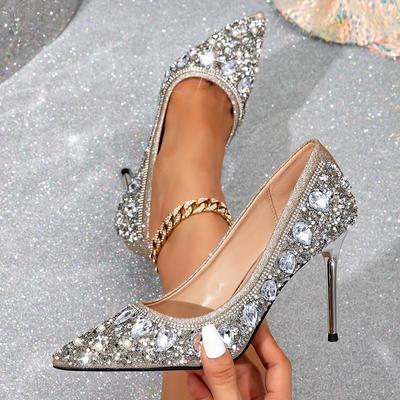 TEMU Elegant Women's Pointed-toe High Heels With Rhinestones And Straps, Breathable Stiletto Pumps For Weddings And Formal Events, Wear Image