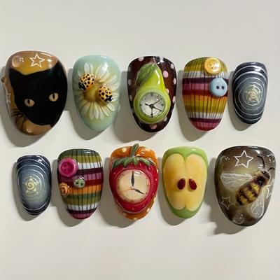 TEMU Box Of 10 Almond-shaped Handmade Nails With Fashionable Multi-element Striped Animal Clock Print Embellished Design Removable Suitable For All S And Women To Change Your Image