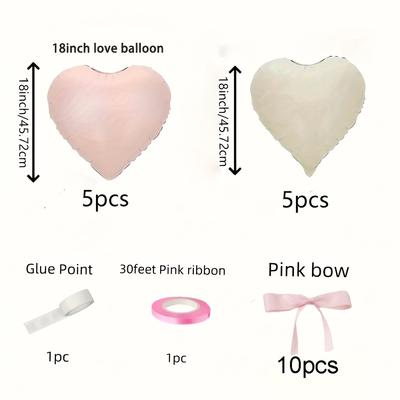 TEMU 22pcs 18-inch Pink White Heart Aluminum Foil Balloons With Pink Bow Set For Camping Party Decorations, Gathering Party Supplies, Wedding Birthday Party Decor Image