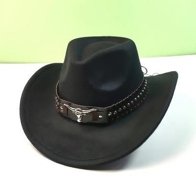 TEMU 1pc Vintage Style Wide-brim Cowboy Hat With Silvery Band, Windproof, Ideal For And Festive Occasions, Girls And Boys Western Cowboy Hat With And Felt Soft Hat Image