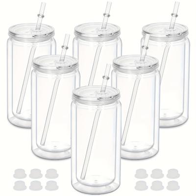TEMU 6pcs 16oz Transparent Insulated Tumbler With Straw & Lid - Durable Pc Plastic, Pre-drilled For Easy Straws, Drinks Hot/cold, Office, Camping, Parties, Gifts (graduation, ) Image