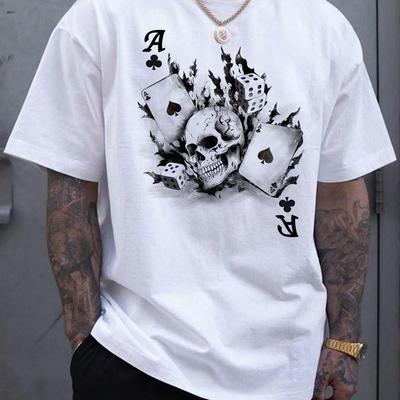 TEMU Men's 100% Cotton Skull & Graphic T-shirt - White Casual Crew Neck Tee With Playing Card Design, Breathable Short Sleeve For Summer Outdoor Activities, Shirt Image