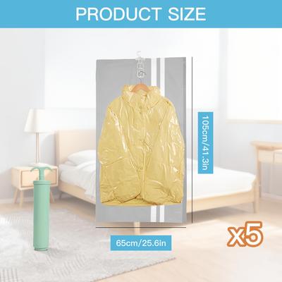 TEMU Set Of 5 Hanging Vacuum Storage Bags That Save Closet Space, Featuring Heavy-duty Hooks That Can Rotate 360°, Suitable For Clothing, Suits, And Jackets, Along With A Hand Pump For Organization. Image