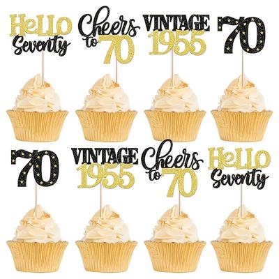 "TEMU 24pcs Vintage 1955 70th Birthday Cupcake Toppers - "hello " & " " Glittery Picks For 70th Anniversary & Birthday Party Cake Decorations, Bamboo Material, No" Image